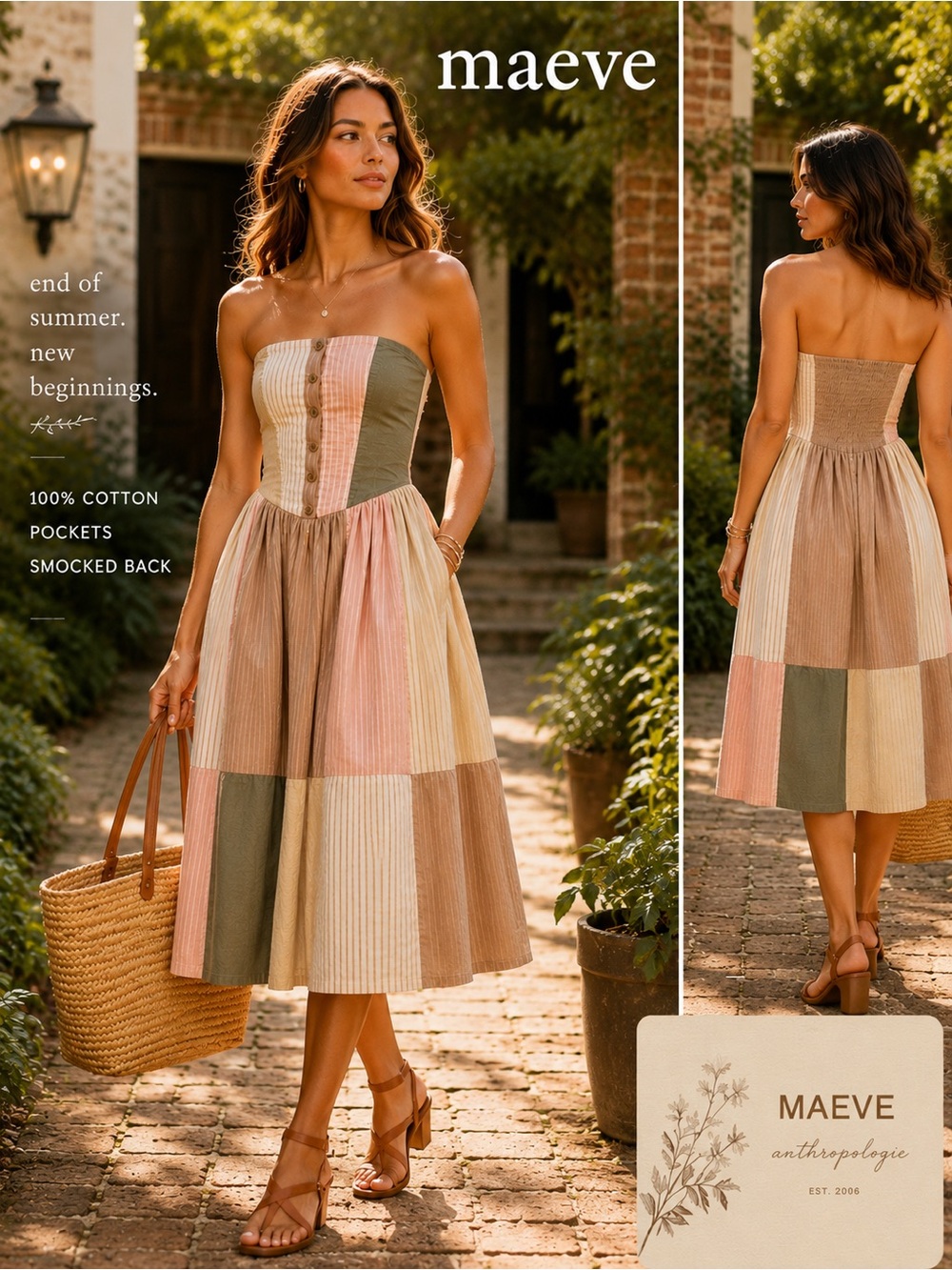 Maeve Strapless Patchwork Midi Dress in Pink, Beige & Olive - Picture 2 of 14